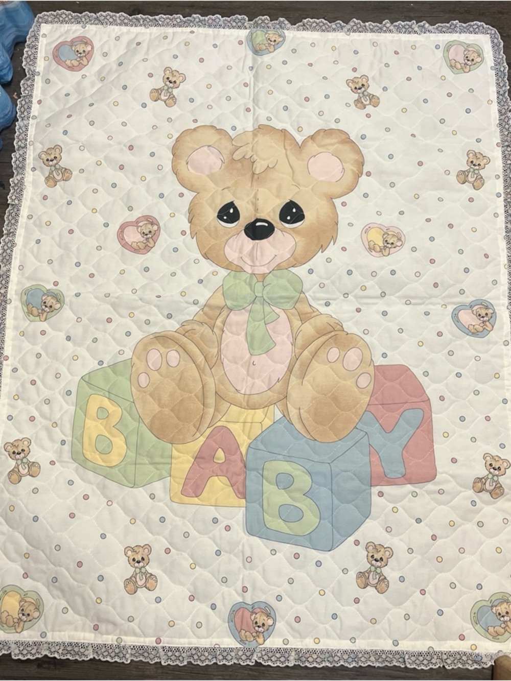 Precious Moments Pastel Teddy Bear Baby Quilt in Cream, Tan, Pink, Blue, Green